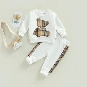 Infant/Toddler Unisex Long Sleeve Plaid Bear Pattern Tops Sweatshirt Pants