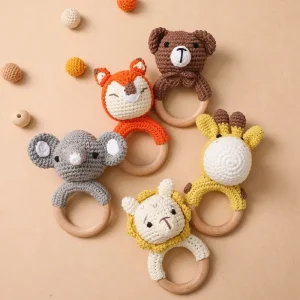 Wooden & Crochet Animal Baby Rattle Teether