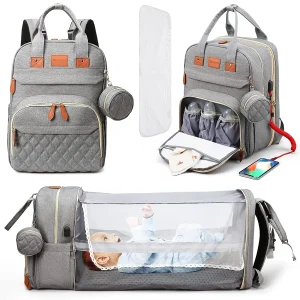 3 In 1 Diaper Bag Backpack Foldable Travel Waterproof Bed with USB Charge