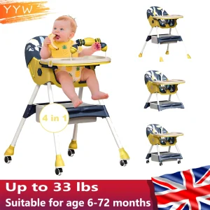 Foldable Baby High Chair with Double-Layer Dinner Plate and Toy Rack