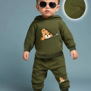 Newborn Baby Boy's Zipper Bear Print Fleece Hoodie Pants Set (Fall/Winter)